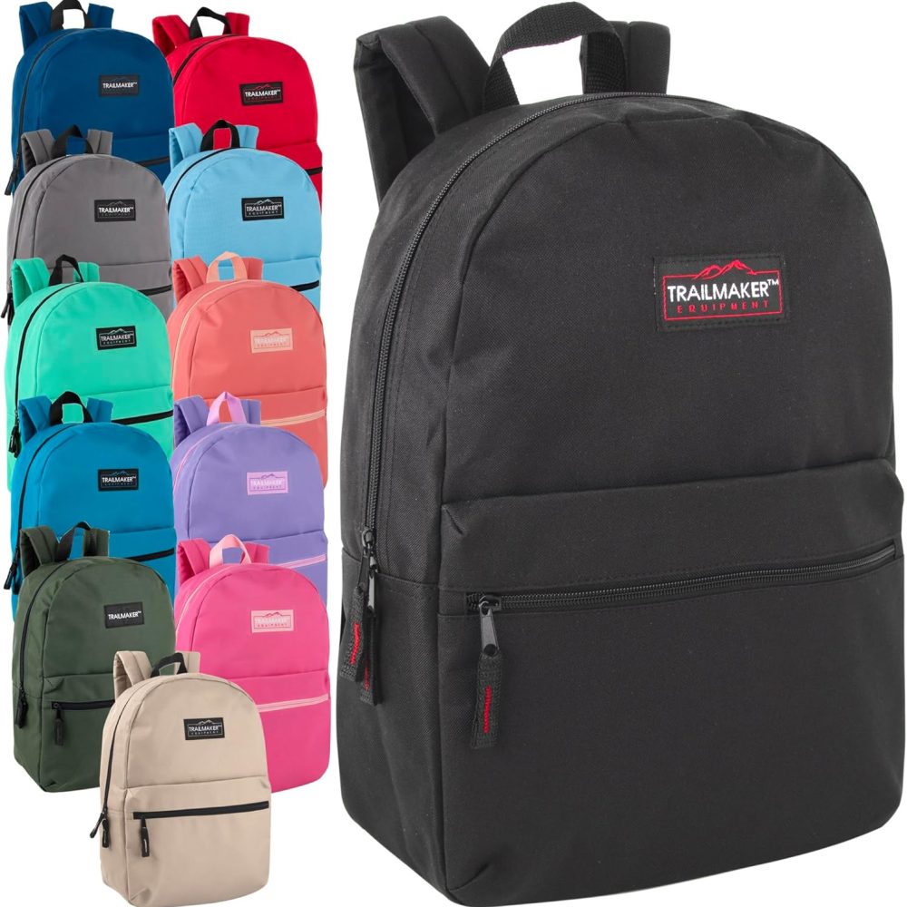 Trail maker 24 Pack- Classic 17 Inch Backpacks in Bulk Wholesale Back Packs for Boys and Girls (Assorted 12 Colors Pack)